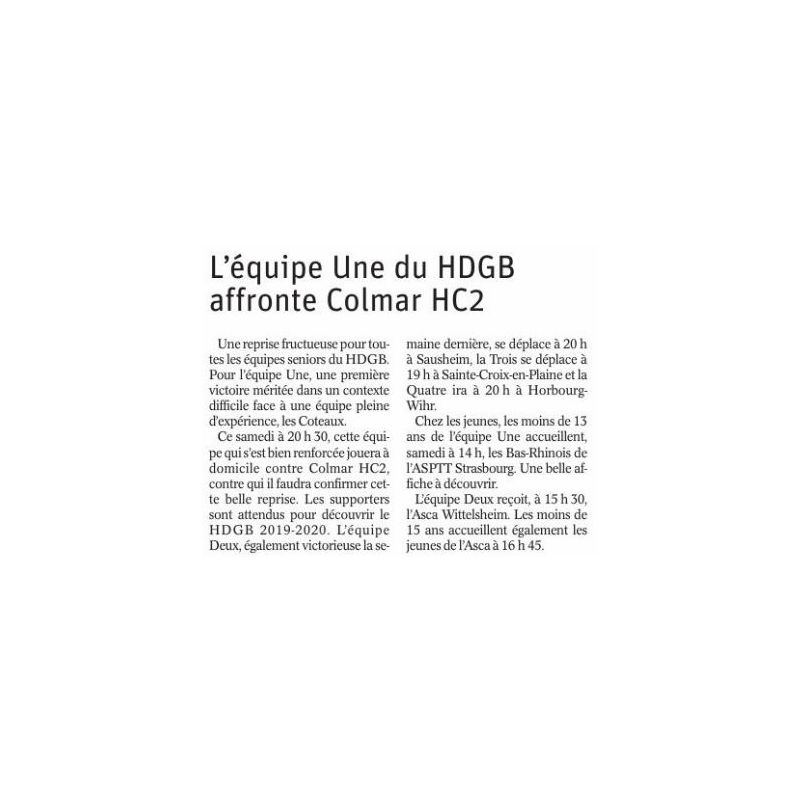 L'équipe Une du HDGB affronte Colmar HC2